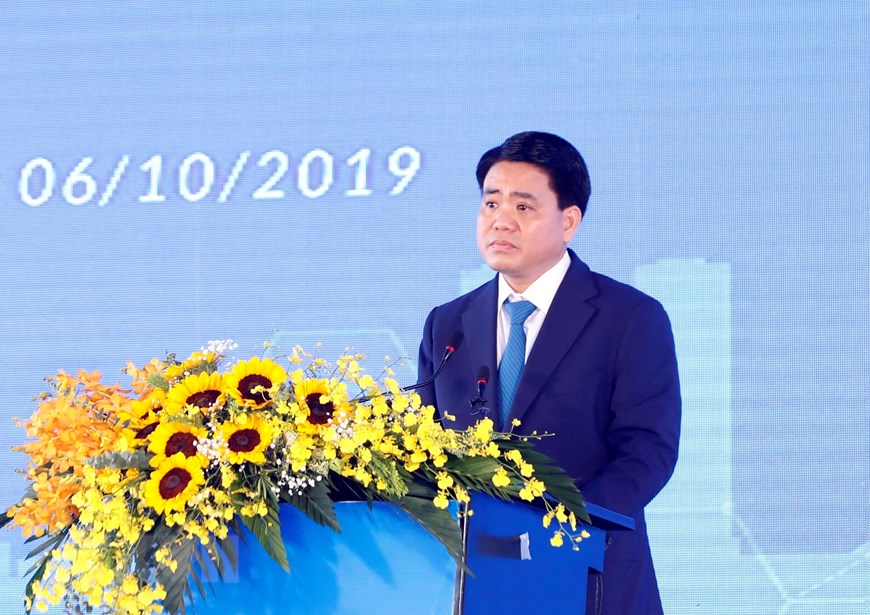  Ông Nguyễn Đức Chung, Chủ tịch Ủy ban Nhân dân thành phố Hà Nội phát biểu tại lễ khởi công. (Ảnh: Thống Nhất/TTXVN)