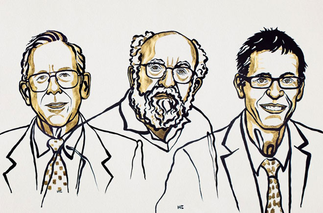 Ba nhà khoa học nhận giải Nobel Vật lý 2019: James Peebles (trái), Michel Mayor (giữa) và Didier Queloz.  Ảnh: nobelprize.com
