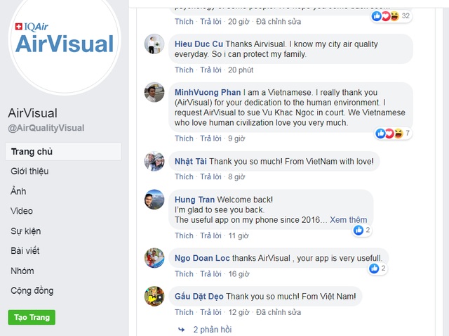 Nhiều bình luận kèm lời cảm ơn đã được cư dân mạng gửi đến AirVisual sau quyết định mở lại ứng dụng tại Việt Nam.
