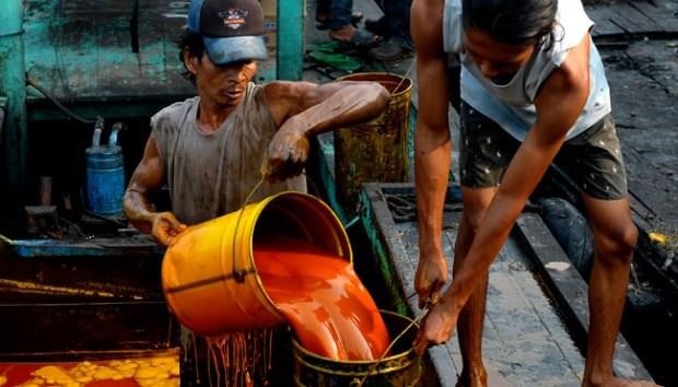 Workers are unloading crude palm oil at a port in Cilincing, Jakarta (Source: tempo.co)