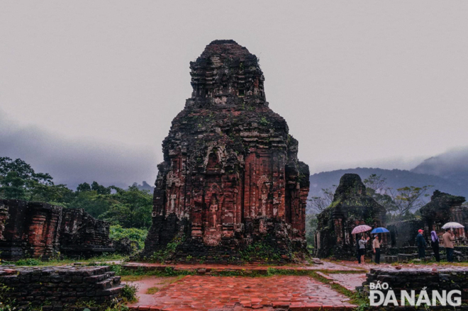 An image of a Cham tower in the rain