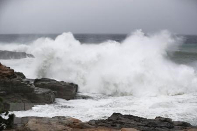Sóng lớn tại bờ biển Shirahama, tỉnh Wakayama, Nhật Bản, trước khi bão Hagibis đổ bộ ngày 12-10. (Nguồn: Kyodo/TTXVN)