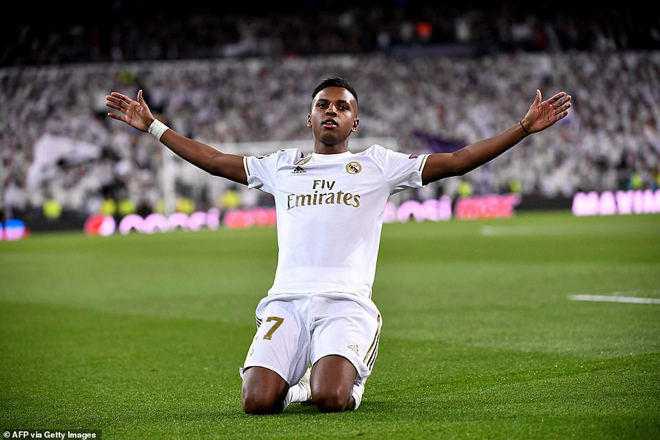 Niềm vui của Rodrygo sau khi lập hat-trick, góp phần vào chiến thắng 6-0 của Real trước Galatasaray.Ảnh: AFP