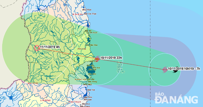 Tâm bão số 6 sẽ cập bờ biển từ Bình Định đến Khánh Hòa vào khuya 10-11. (nguồn: Ban chỉ đạo Trung ương về Phòng chống thiên tai).
