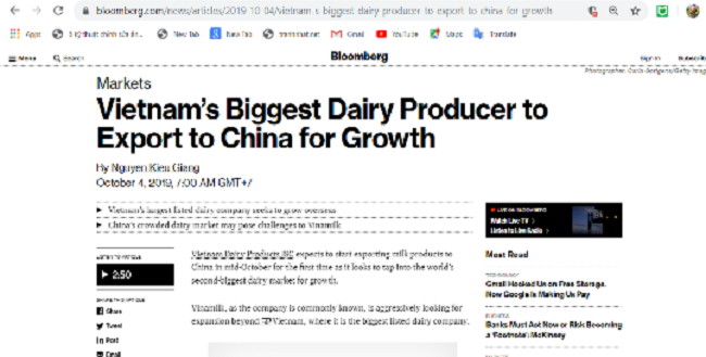 Bloomberg đã đưa tin tức với tiêu đề “Công ty sữa lớn nhất Việt Nam hướng tới việc xuất khẩu sang Trung Quốc để tăng trưởng”.