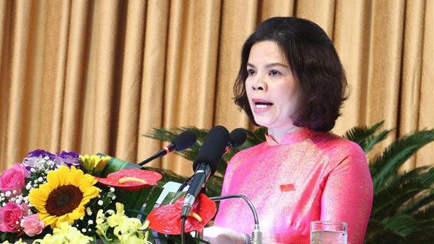 Tân Chủ tịch Ủy ban Nhân dân tỉnh Bắc Ninh Nguyễn Hương Giang phát biểu nhậm chức. (Ảnh: Diệp Trương/TTXVN)