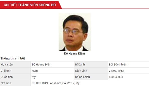 Thông tin về đối tượng Đỗ Hoàng Điềm - chủ tịch tổ chức khủng bố Việt Tân trên Cổng thông tin điện tử Bộ Công an.