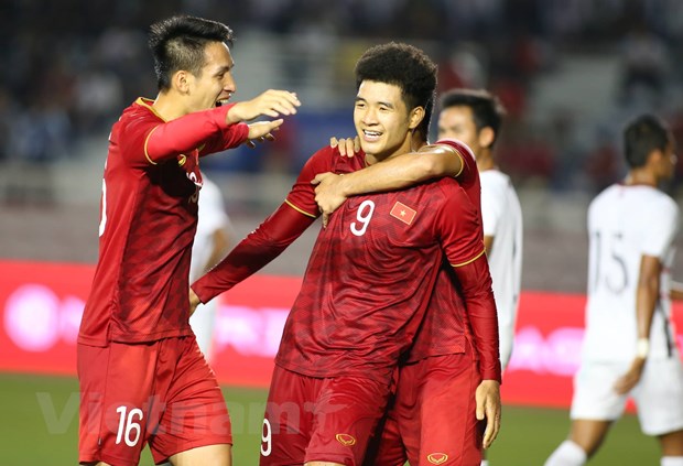 Hà Đức Chinh dẫn đầu danh sách Vua phá lưới bóng đá nam SEA Games 30 với 8 bàn thắng. (Ảnh: Vietnam+)