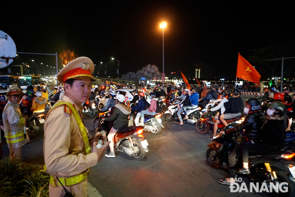 Police officers being on duty to ensure traffic order and safety in the city