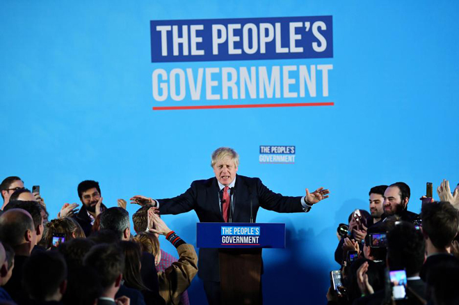 Thủ tướng Boris Johnson phát biểu sau khi có kết quả bầu cử. Ảnh: Reuters