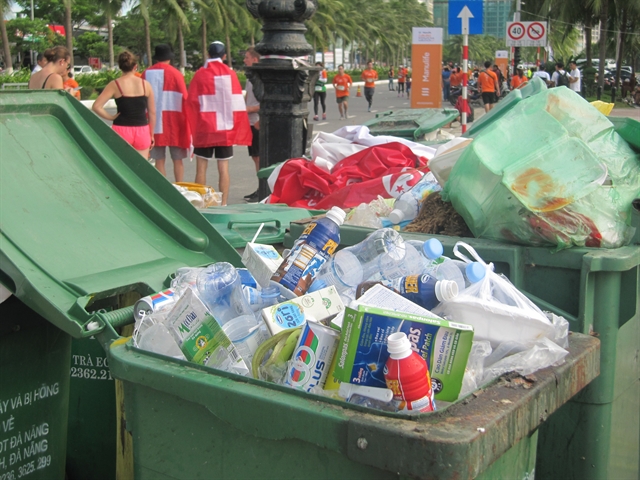 Plastic bottles are piled up in a bin on coastal Vo Nguyen Giap Street in Da Nang. The city produces 1,200 tonnes waste, of which 22 per cent is plastic, each day.