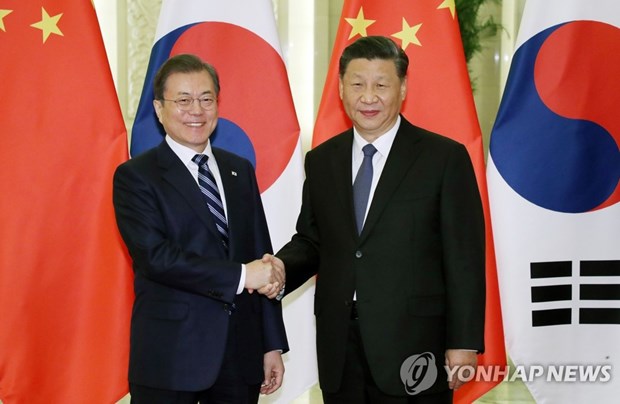 Tổng thống Hàn Quốc Moon Jae-in (trái) và Chủ tịch Trung Quốc Tập Cận Bình. (Nguồn: Yonhap)