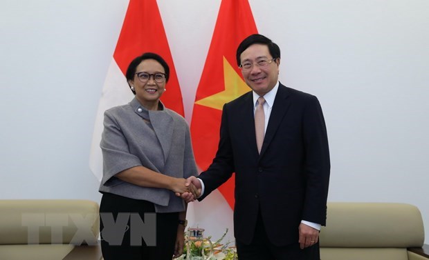  Deputy Prime Minister and Foreign Minister Pham Binh Minh (R) and visiting Indonesian Minister of Foreign Affairs Retno Marsudi. (Photo: VNA)