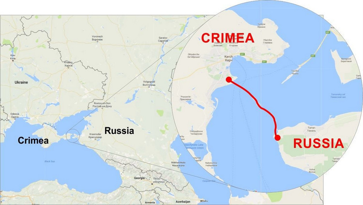 Vị trí cầu vượt eo biển Kerch. Đồ họa: Russia Briefing.