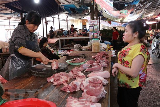 Thịt lợn tăng giá, người dân dè dặt hơn khi mua thịt lợn tại chợ Nhớn, thành phố Bắc Ninh. (Ảnh: Thanh Thương/TTXVN)