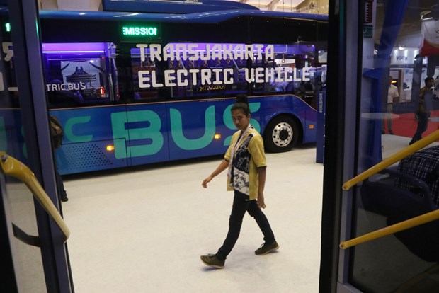 ATransjakarta electric bus showcased at the 8th Busworld South East Asia at the Jakarta International Expo in Kemayoran, Central Jakarta (Photo: Jakarta Post)