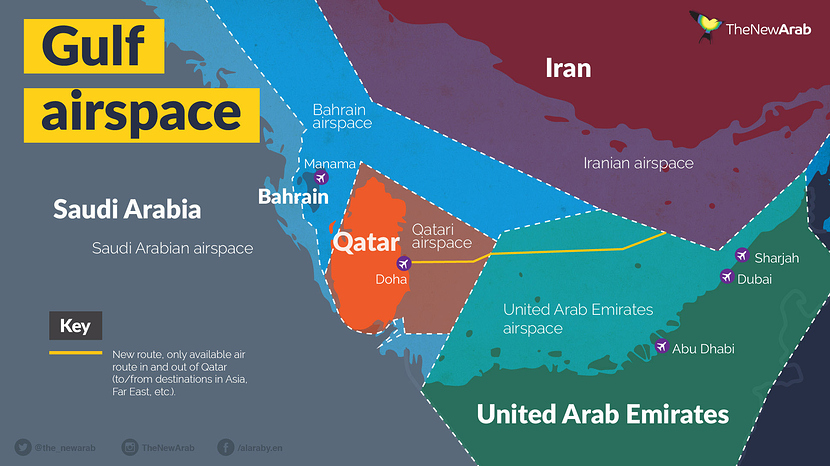 Bản đồ không phận Vùng Vịnh. Ảnh: alaraby.co.uk