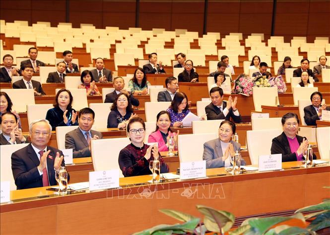 Chủ tịch Quốc hội Nguyễn Thị Kim Ngân và Chủ tịch Quốc hội Lào Pany Yathotou tham dự buổi lễ cùng các đại biểu tham dự buổi lễ. Ảnh: Trọng Đức/TTXVN