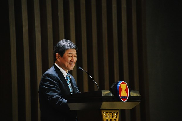 Japanese Foreign Minister Toshimitsu Motegi delivers a speech at the ASEAN Secretariat’s headquarters on January 10 (Photo: asean.org)