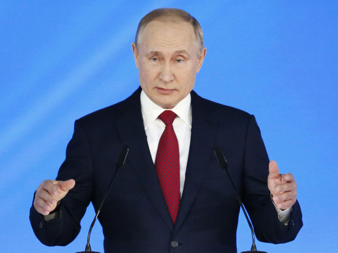 Tổng thống Nga Vladimir Putin phát biểu thông điệp liên bang lần thứ 16.                                             Ảnh: AP