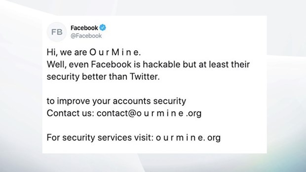 Tin tặc thông báo đã chiếm được tài khoản Twitter của Facebook.