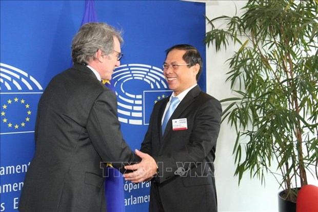 Deputy Minister of Foreign Affairs Bui Thanh Son (right) meets with President of the European Parliament David Sassoli (Photo: VNA)