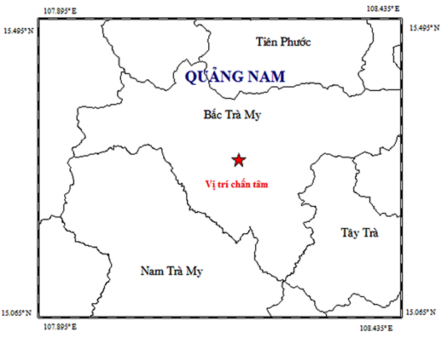 Bản đồ tâm chấn động đất xảy ra tại huyện Bắc Trà My, tỉnh Quảng Nam. (Nguồn: Viện VLĐC)