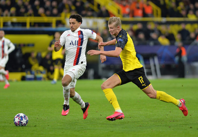 Sự xuất sắc của Haaland (áo vàng) đã giúp Dortmund giành chiến thắng quan trọng trước PSG (áo trắng) ở trận lượt đi vòng 1/16 UCL. Ảnh: UEFA