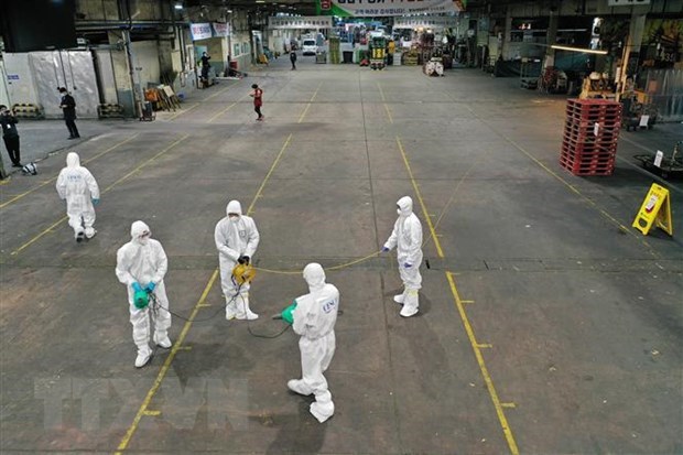 Spraying disinfectants at a vegetable market in Daegu, the Republic of Korea, to prevent the spread of the novel coronavirus disease (COVID-19) on February 20 (Photo: AFP/VNA)