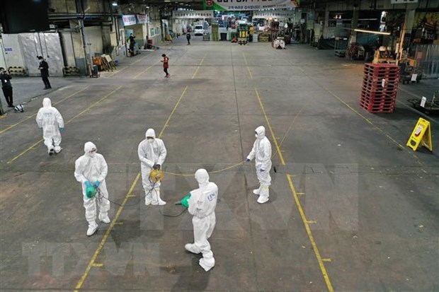 Workers wearing protective gear spray disinfectant at a market in Daegu city, the Republic of Korea. (Photo: AFP/VNA)