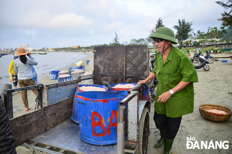 Những tiểu thương cũng tất bật chở những chậu ruốc tươi đến chợ để bán cho người dân. 