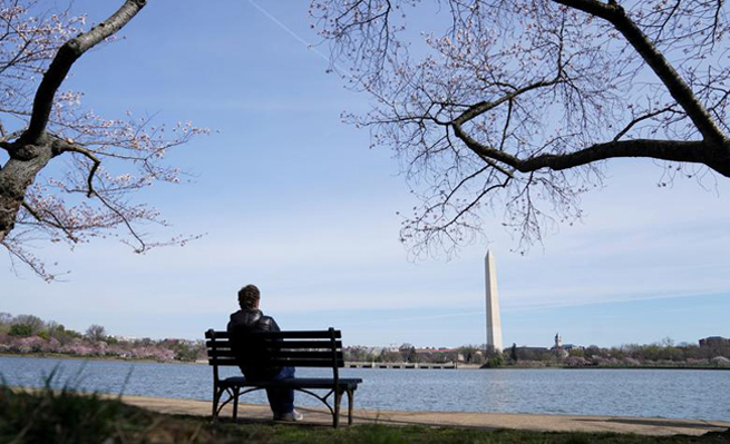 Một người đàn ông hướng nhìn Ðài Tưởng Niệm Washington.