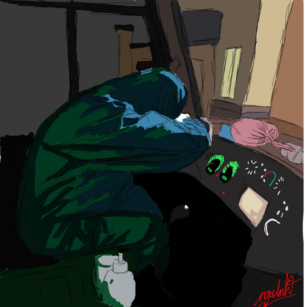 Exhausted driver resting on steering wheel of his car after many hours of continuous driving to pick up people to quarantined sites in the city