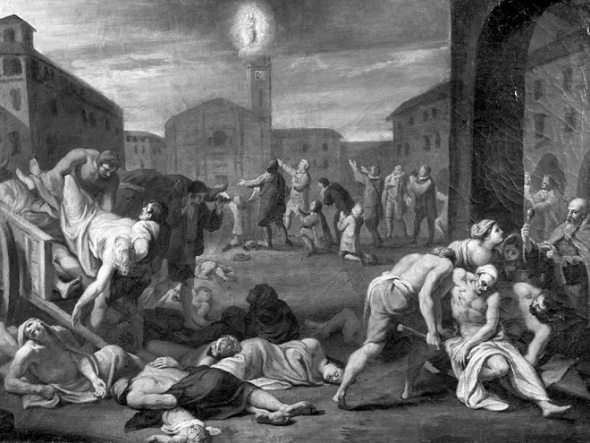 Sự miêu tả về bệnh dịch hạch ở Ý vào thế kỷ 17- Tranh lưu trữ tại Bảo tàng lịch sử quốc gia về nghệ thuật chăm sóc sức khỏe của Ý. 