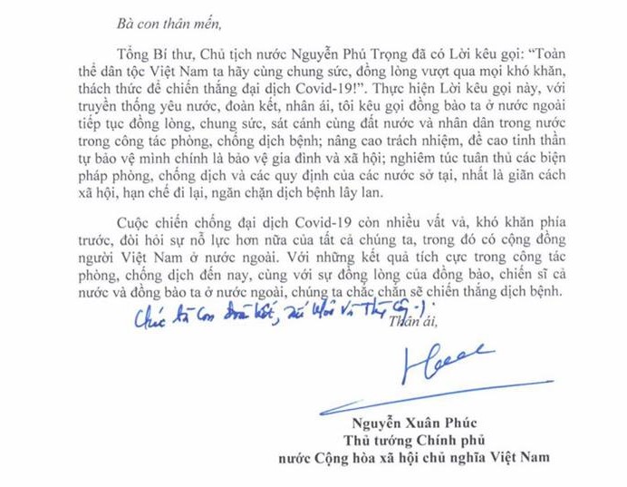 Thư Thủ tướng Nguyễn Xuân Phúc gửi tới cộng đồng người Việt Nam ở nước ngoài.
