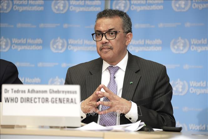ổng Giám đốc Tổ chức Y tế thế giới Tedros Adhanom Ghebreyesus tại cuộc họp báo ở Geneva, Thụy Sĩ. Ảnh: THX/TTXVN