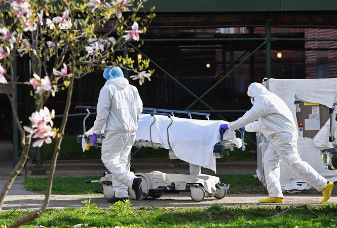 Nhân viên y tế chuyển thi thể bệnh nhân tử vong do Covid-19 tới nhà xác dã chiến ở New York, Mỹ, ngày 8-4-2020. Ảnh: AFP-TTXVN