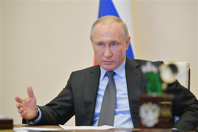 Tổng thống Nga Vladimir Putin trong một cuộc họp trực tuyến tại Moskva, Nga ngày 13-4-2020. Ảnh: THX- TTXVN