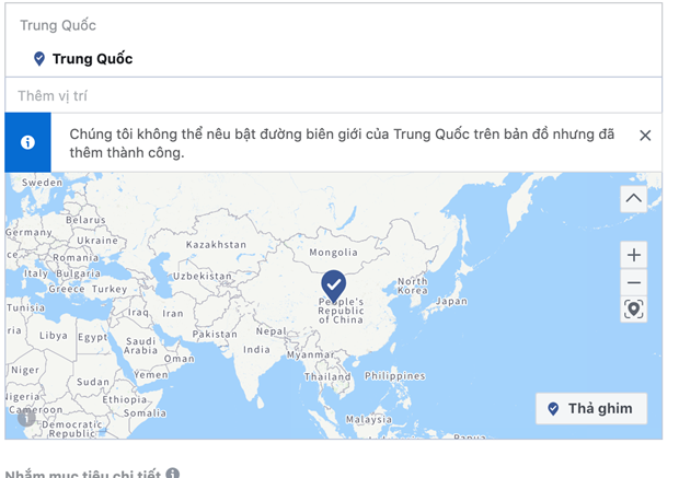 Facebook đã sửa lại lỗi bản đồ của Trung Quốc bao gồm Hoàng Sa - Trường Sa. (Ảnh chụp màn hình)