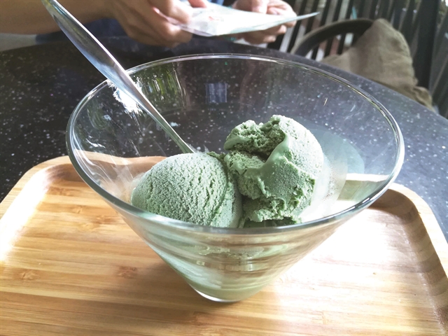 Ice cream made from algae. Some algae species are being grown for baking, cosmetics and aquaculture. 