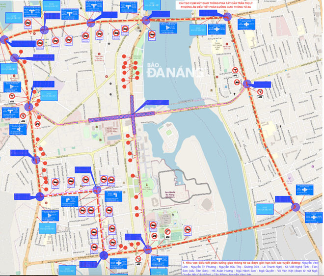 Traffic flows around the site of the traffic re-arrangement at the western end of the Tran Thi Ly Bridge starting from early May