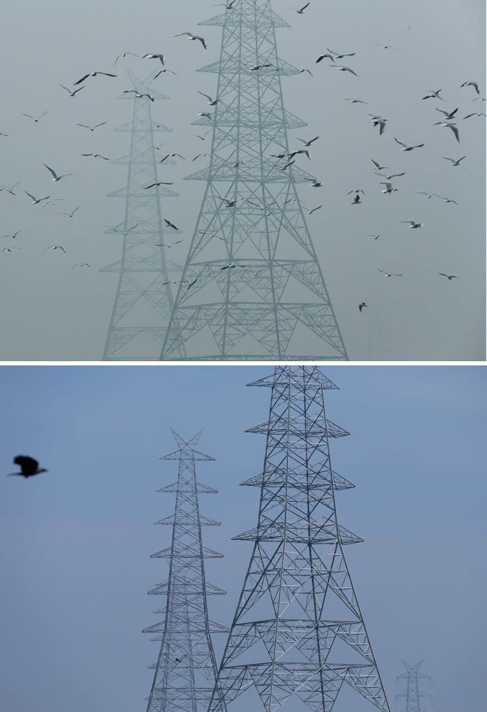 Nồng độ bụi mịn tại New Delhi, Ấn Độ, đã giảm 71% trong một tuần. Hình ảnh các trụ điện ở New Delhi, Ấn Độ, được chụp vào ngày 30-10-2019 (trên) và ngày 13-4-2020 (dưới).(Nguồn: boredpanda.com)