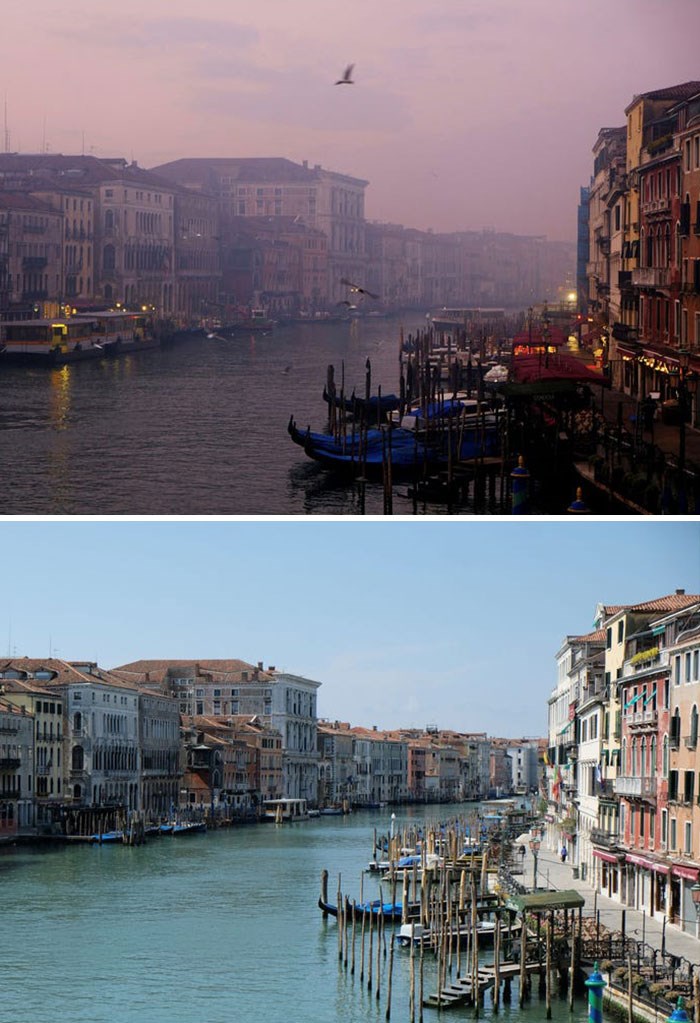 Kênh đào Grand ở Venice, Italy, được chụp vào ngày 6-1-2018 (trên) trở nên rõ ràng hơn trong bức ảnh chụp ngày 17/4/2020 (dưới). Theo thị trưởng thành phố, lưu lượng tàu bè qua lại ít hơn khiến cho trầm tích và cặn bùn đã lắng lại dưới đáy sông. (Nguồn: boredpanda.com)
