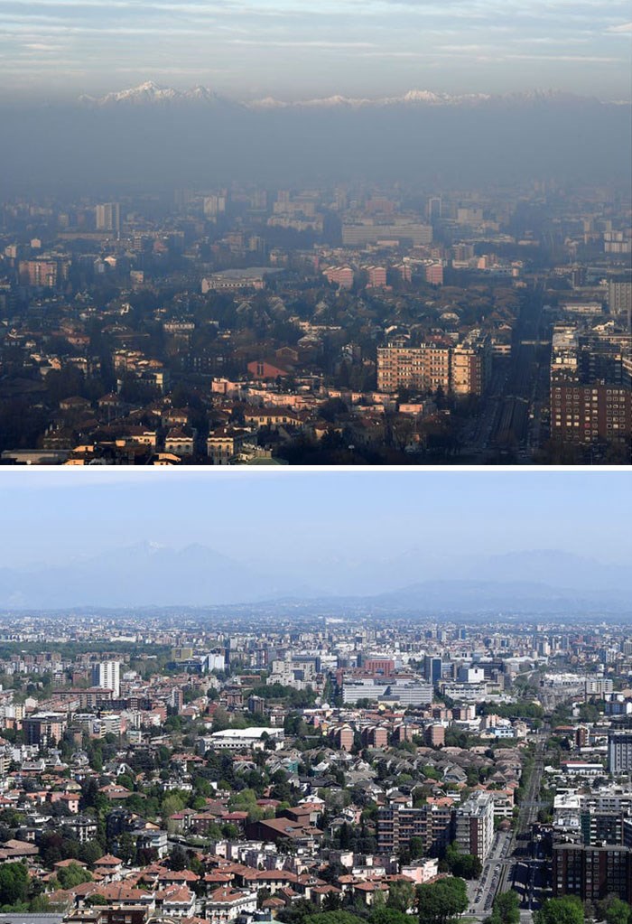 Milan được mệnh danh là thành phố ô nhiễm nhất châu Âu năm 2008. Sự khác biệt bất ngờ giữa bức ảnh chụp thành phố ngày 17-4-2020 (dưới) và bức ảnh chụp 4 tháng trước đó đã khiến thành phố đưa ra một kế hoạch đầy tham vọng về việc giảm bớt mật độ xe hơi sau khi đại dịch kết thúc. (Nguồn: boredpanda.com)
