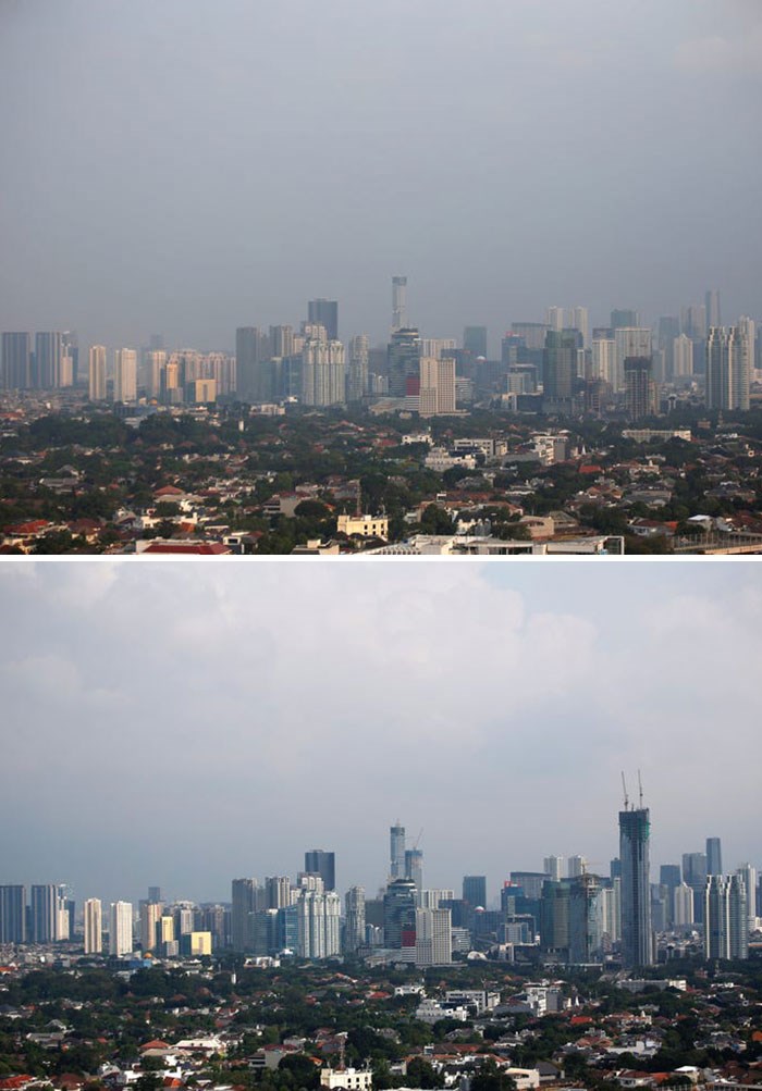 Được mệnh danh là thủ đô ô nhiễm thứ năm trên thế giới, nhưng chất lượng không khí tại Jakarta, Indonesia, đã được cải thiện kể từ khi các lệnh hạn chế xã hội được ban hành vào cuối tháng Ba. Bức ảnh chụp đường chân trời Jakarta vào ngày 4-7-2019 (trên) và ngày 16-4-2020 (dưới). (Nguồn: boredpanda.com)