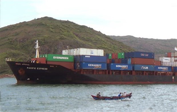 Tàu biển Pacific Express Sai Gon có IMO 9167851 đã đâm chìm tàu cá của ngư dân Phú Yên khi đang khai thác hải sản trên vùng biển Quy Nhơn. (Ảnh: Nguyên Linh/TTXVN)