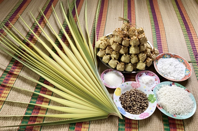 The dumpling’s ingredients include sticky rice, white bean, coconut, sugar and salt. Leaves of Asian palmyra palm are used to form the dumpling’s cover.