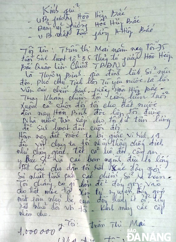 Bức thư của bà Trần Thị Mai gửi UBND phường. 		            Ảnh: THANH VÂN 