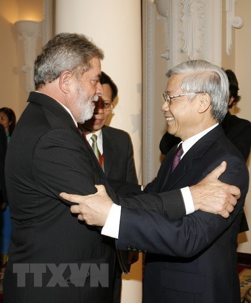 Chủ tịch Quốc hội Nguyễn Phú Trọng hội kiến Tổng thống Brazil Luiz Inácio Lula da Silva thăm chính thức Việt Nam, ngày 10/7/2008, tại Hà Nội. (Ảnh: Trí Dũng/TTXVN)