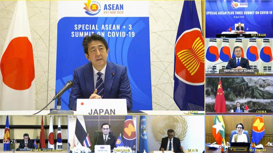 Hội nghị thượng đỉnh trực tuyến ASEAN+3, tháng 4/2020. Ảnh: AP
